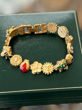 Load image into Gallery viewer, Vintage Brushed Gold Tone Slider Charm Floral Insect Frog Celestial Bracelet 7"
