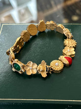 Load image into Gallery viewer, Vintage Brushed Gold Tone Slider Charm Floral Insect Frog Celestial Bracelet 7"
