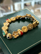 Load image into Gallery viewer, Vintage Brushed Gold Tone Slider Charm Floral Insect Frog Celestial Bracelet 7"
