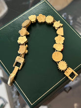 Load image into Gallery viewer, Vintage Brushed Gold Tone Slider Charm Floral Insect Frog Celestial Bracelet 7"
