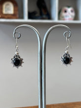 Load image into Gallery viewer, Vintage Sterling Silver &amp; Black Onyx Cabochon Tibetan Style Dangle Earrings
