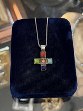 Load image into Gallery viewer, Vintage Sterling Silver Multi Gemstone Cross Pendant Necklace 19"
