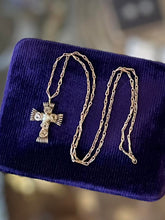 Load image into Gallery viewer, Vintage Gold Filled Wire Wrapped Pearl Cross Pendant Necklace Hook Closure 15"
