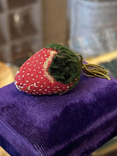 Load image into Gallery viewer, Antique Victorian Handmade Red Strawberry Green Velvet Pin Cushion
