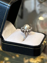 Load image into Gallery viewer, Vintage Sterling Silver Cubic Zirconia Halo Pearl Cocktail Ring US 7 1/4
