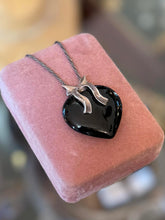 Load image into Gallery viewer, Vintage Sterling Silver Black Onyx Heart &amp; Bow Pendant Necklace 19.75"
