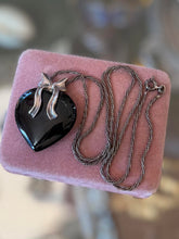 Load image into Gallery viewer, Vintage Sterling Silver Black Onyx Heart &amp; Bow Pendant Necklace 19.75"
