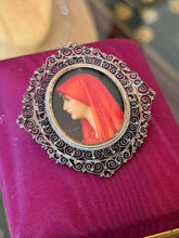 Load image into Gallery viewer, Vintage 800 Silver Filigree Frame Miniature Painting St. Fabiola Brooch or Pendant
