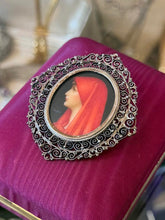 Load image into Gallery viewer, Vintage 800 Silver Filigree Frame Miniature Painting St. Fabiola Brooch or Pendant
