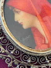 Load image into Gallery viewer, Vintage 800 Silver Filigree Frame Miniature Painting St. Fabiola Brooch or Pendant
