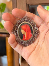 Load image into Gallery viewer, Vintage 800 Silver Filigree Frame Miniature Painting St. Fabiola Brooch or Pendant
