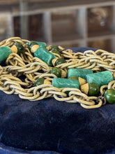 Load image into Gallery viewer, Vintage Midcentury Gold Tone Faux Jade Green Glass Bead Layering Necklace 53.75"
