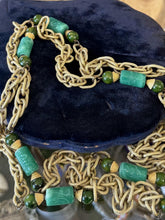Load image into Gallery viewer, Vintage Midcentury Gold Tone Faux Jade Green Glass Bead Layering Necklace 53.75"

