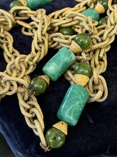 Load image into Gallery viewer, Vintage Midcentury Gold Tone Faux Jade Green Glass Bead Layering Necklace 53.75"
