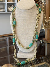 Load image into Gallery viewer, Vintage Midcentury Gold Tone Faux Jade Green Glass Bead Layering Necklace 53.75"
