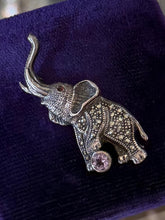 Load image into Gallery viewer, Vintage Sterling Silver Marcasite Faceted Amethyst &amp; Garnet Circus Elephant Brooch
