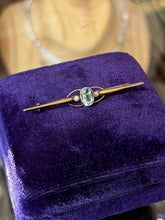 Load image into Gallery viewer, Antique Edwardian Era 9ct Yellow Gold Faceted Aquamarine &amp; Seed Pearl Bar Pin
