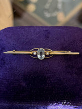 Load image into Gallery viewer, Antique Edwardian Era 9ct Yellow Gold Faceted Aquamarine &amp; Seed Pearl Bar Pin

