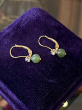 Load image into Gallery viewer, Vintage 14K Yellow Gold Genuine Jade Bead &amp; Faceted Diamond Dangle Drop Earrings
