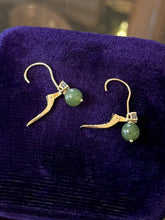 Load image into Gallery viewer, Vintage 14K Yellow Gold Genuine Jade Bead &amp; Faceted Diamond Dangle Drop Earrings
