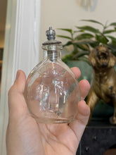 Load image into Gallery viewer, Antique Glass Holy Water Bottle Embossed Cross &amp; Lettering Metal Shaker Top 4"

