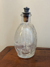 Load image into Gallery viewer, Antique Glass Holy Water Bottle Embossed Cross &amp; Lettering Metal Shaker Top 4.4"
