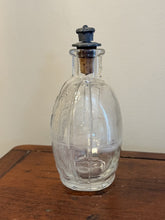 Load image into Gallery viewer, Antique Glass Holy Water Bottle Embossed Cross &amp; Lettering Metal Shaker Top 4.4"
