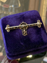 Load image into Gallery viewer, Antique Victorian 14k Yellow Gold Seed Pearl Ornate Filigree Bar Pin Repinned
