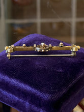Load image into Gallery viewer, Antique Victorian 14k Yellow Gold Seed Pearl Ornate Filigree Bar Pin Repinned
