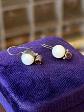 Load image into Gallery viewer, Vintage Sterling Silver Bezel Set Pearl &amp; Faceted Garnet Dangle Drop Earrings
