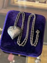 Load image into Gallery viewer, Vintage Sterling Silver Hand Etched Puffy Heart Pendant Necklace 18"

