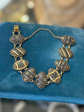 Load image into Gallery viewer, Vintage Midcentury Black &amp; Gold Tone Damascene Oval Panel Link Bracelet
