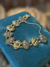 Load image into Gallery viewer, Vintage Midcentury Black &amp; Gold Tone Damascene Oval Panel Link Bracelet
