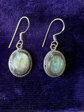 Load image into Gallery viewer, Vintage Sterling Silver Labradorite Oval Bezel Set Cabochon Dangle Drop Earrings
