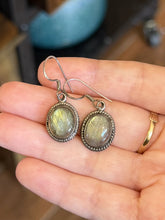 Load image into Gallery viewer, Vintage Sterling Silver Labradorite Oval Bezel Set Cabochon Dangle Drop Earrings
