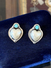 Load image into Gallery viewer, Vintage Navajo Sterling Silver Turquoise Cabochon Pearl Heart Earrings Southwest
