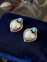 Load image into Gallery viewer, Vintage Navajo Sterling Silver Turquoise Cabochon Pearl Heart Earrings Southwest
