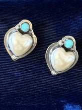Load image into Gallery viewer, Vintage Navajo Sterling Silver Turquoise Cabochon Pearl Heart Earrings Southwest
