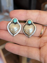 Load image into Gallery viewer, Vintage Navajo Sterling Silver Turquoise Cabochon Pearl Heart Earrings Southwest
