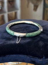Load image into Gallery viewer, Vintage Jade Etched Sterling Silver Hinged Bangle Bracelet Safety Chain 7.25"
