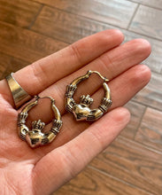 Load image into Gallery viewer, Vintage 1990s Sterling Silver Claddagh Heart &amp; Hand Hoop Earrings Hoops
