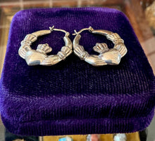 Load image into Gallery viewer, Vintage 1990s Sterling Silver Claddagh Heart &amp; Hand Hoop Earrings Hoops
