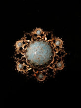 Load image into Gallery viewer, Vintage 1960s Signed Lisner Blue Robin's Egg Cabochon Gold Tone Dome Brooch
