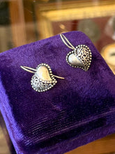 Load image into Gallery viewer, Vintage Signed Jezlaine Sterling Silver Studded Filigree Heart Dangle Earrings

