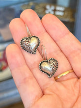 Load image into Gallery viewer, Vintage Signed Jezlaine Sterling Silver Studded Filigree Heart Dangle Earrings
