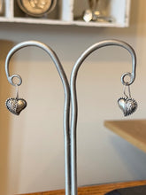 Load image into Gallery viewer, Vintage Signed Jezlaine Sterling Silver Studded Filigree Heart Dangle Earrings
