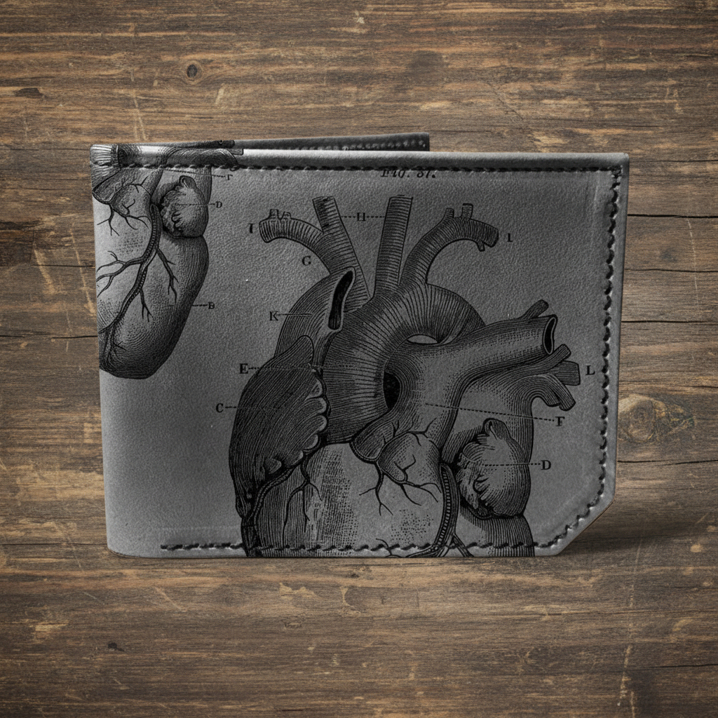 Backerton Printmaker Leather Wallet: Anatomical Heart | Grey or Brown