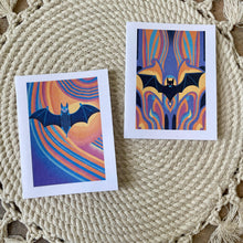 Load image into Gallery viewer, Box Set Of 8 Groovy Psychedelic Colorful Halloween Bat Cards: Brown Kraft Paper
