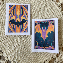 Load image into Gallery viewer, Box Set Of 8 Groovy Psychedelic Colorful Halloween Bat Cards: Brown Kraft Paper
