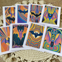 Load image into Gallery viewer, Box Set Of 8 Groovy Psychedelic Colorful Halloween Bat Cards: Brown Kraft Paper
